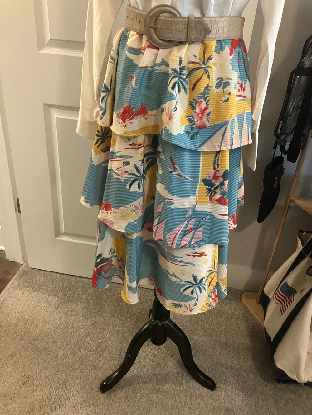 Tiered Tropical-Print Maxi Skirt/Mini Dress in Teal and Yellow - Picture 4 of 9
